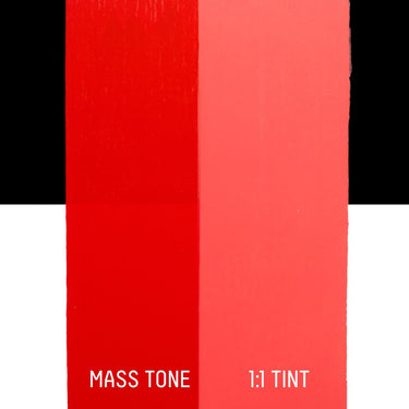 PETIT Échantillon de Acrylique Liquitex Heavy Body, Rouge Naphtol Clairmontrant la teinte pure (mass tone) de le couleuer et mélangé à parts égales avec du blanc (1:1 tint)