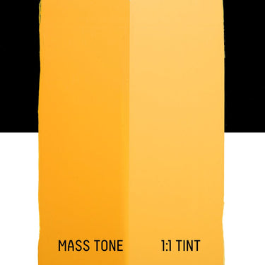 PETIT Échantillon de Acrylique Liquitex Heavy Body, Jaune de Naples Imitationmontrant la teinte pure (mass tone) de le couleuer et mélangé à parts égales avec du blanc (1:1 tint)