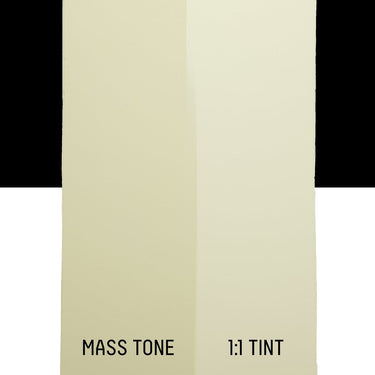 PETIT Échantillon de Acrylique Liquitex Heavy Body, Parcheminmontrant la teinte pure (mass tone) de le couleuer et mélangé à parts égales avec du blanc (1:1 tint)