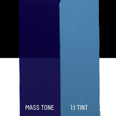 PETIT Échantillon de Acrylique Liquitex Heavy Body, Bleu Phtalocyanine Nuance Rougemontrant la teinte pure (mass tone) de le couleuer et mélangé à parts égales avec du blanc (1:1 tint)