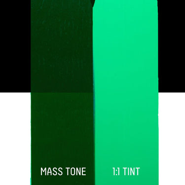PETIT Échantillon de Acrylique Liquitex Heavy Body, Vert Phtalocyanine Nuance Jaunemontrant la teinte pure (mass tone) de le couleuer et mélangé à parts égales avec du blanc (1:1 tint)