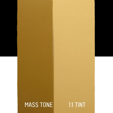 PETIT Échantillon de Acrylique Liquitex Heavy Body, Jaune Bronzemontrant la teinte pure (mass tone) de le couleuer et mélangé à parts égales avec du blanc (1:1 tint)