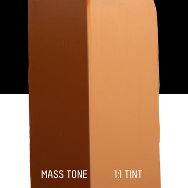 PETIT Échantillon de Acrylique Liquitex Heavy Body, Terre de Sienne Brûléemontrant la teinte pure (mass tone) de le couleuer et mélangé à parts égales avec du blanc (1:1 tint)