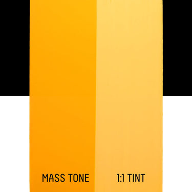 PETIT Échantillon de Acrylique Liquitex Heavy Body, Jaune Foncé sans Cadmiummontrant la teinte pure (mass tone) de le couleuer et mélangé à parts égales avec du blanc (1:1 tint)