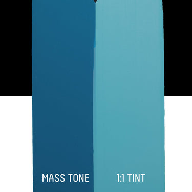 PETIT Échantillon de Acrylique Liquitex Heavy Body, Bleu de Céruléum Imitationmontrant la teinte pure (mass tone) de le couleuer et mélangé à parts égales avec du blanc (1:1 tint)