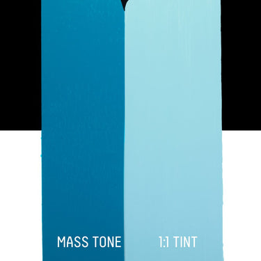PETIT Échantillon de Acrylique Liquitex Heavy Body, Bleu de Céruléummontrant la teinte pure (mass tone) de le couleuer et mélangé à parts égales avec du blanc (1:1 tint)