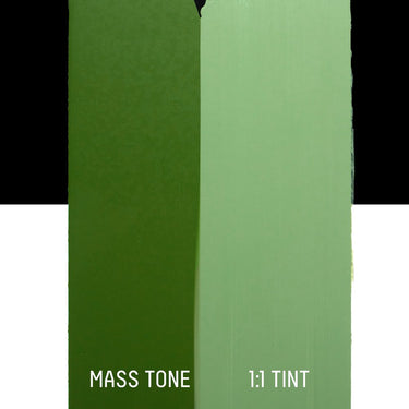 PETIT Échantillon de Acrylique Liquitex Heavy Body, Vert Oxyde de Chromemontrant la teinte pure (mass tone) de le couleuer et mélangé à parts égales avec du blanc (1:1 tint)
