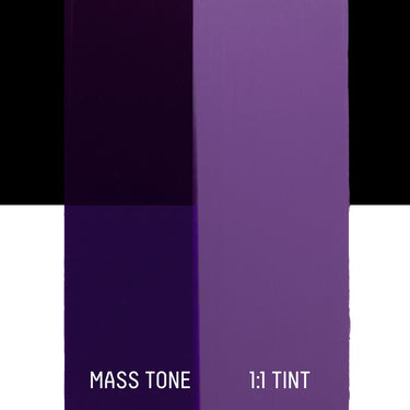 PETIT Échantillon de Acrylique Liquitex Heavy Body, Violet Dioxazinemontrant la teinte pure (mass tone) de le couleuer et mélangé à parts égales avec du blanc (1:1 tint)