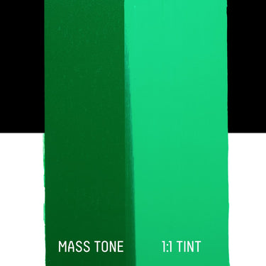 PETIT Échantillon de Acrylique Liquitex Heavy Body, Vert Émeraudemontrant la teinte pure (mass tone) de le couleuer et mélangé à parts égales avec du blanc (1:1 tint)