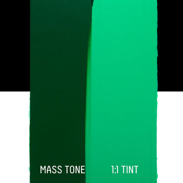 PETIT Échantillon de Acrylique Liquitex Heavy Body, Vert Foncé Permanentmontrant la teinte pure (mass tone) de le couleuer et mélangé à parts égales avec du blanc (1:1 tint)