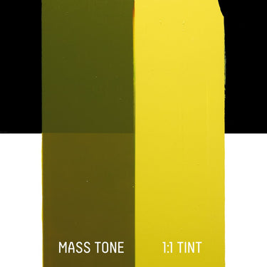 PETIT Échantillon de Acrylique Liquitex Heavy Body, Or Vertmontrant la teinte pure (mass tone) de le couleuer et mélangé à parts égales avec du blanc (1:1 tint)