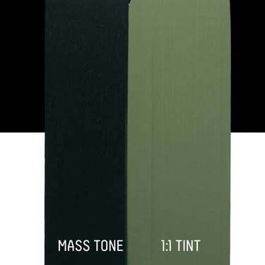 PETIT Échantillon de Acrylique Liquitex Heavy Body, Vert de Hooker Foncé Permanent Imitationmontrant la teinte pure (mass tone) de le couleuer et mélangé à parts égales avec du blanc (1:1 tint)