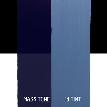 PETIT Échantillon de Acrylique Liquitex Heavy Body, Bleu d'Indanthrènemontrant la teinte pure (mass tone) de le couleuer et mélangé à parts égales avec du blanc (1:1 tint)