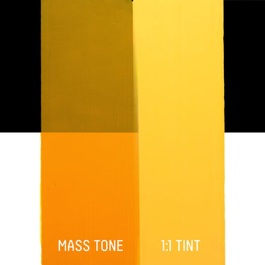 PETIT Échantillon de Acrylique Liquitex Heavy Body, Jaune Indienmontrant la teinte pure (mass tone) de le couleuer et mélangé à parts égales avec du blanc (1:1 tint)