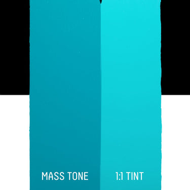 PETIT Échantillon de Acrylique Liquitex Heavy Body, Bleu Éclatantmontrant la teinte pure (mass tone) de le couleuer et mélangé à parts égales avec du blanc (1:1 tint)