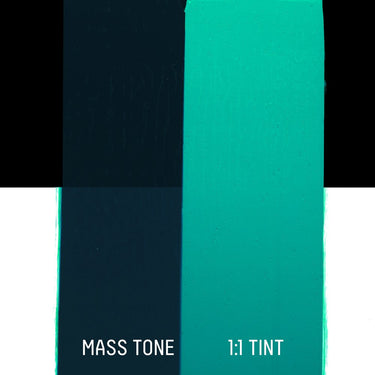 PETIT Échantillon de Acrylique Liquitex Heavy Body, Turquoise Foncémontrant la teinte pure (mass tone) de le couleuer et mélangé à parts égales avec du blanc (1:1 tint)