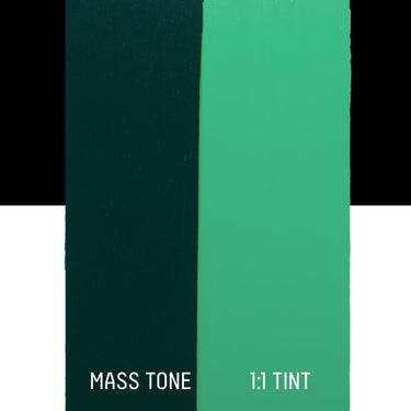PETIT Échantillon de Acrylique Liquitex Heavy Body, Viridian Permanent Imitationmontrant la teinte pure (mass tone) de le couleuer et mélangé à parts égales avec du blanc (1:1 tint)