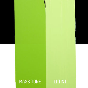 PETIT Échantillon de Acrylique Liquitex Heavy Body, Vert Vif Citronmontrant la teinte pure (mass tone) de le couleuer et mélangé à parts égales avec du blanc (1:1 tint)