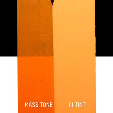 PETIT Échantillon de Acrylique Liquitex Heavy Body, Rouge Orange Vifmontrant la teinte pure (mass tone) de le couleuer et mélangé à parts égales avec du blanc (1:1 tint)