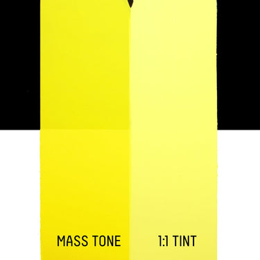 PETIT Échantillon de Acrylique Liquitex Heavy Body, Jaune Hansa Clairmontrant la teinte pure (mass tone) de le couleuer et mélangé à parts égales avec du blanc (1:1 tint)