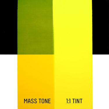 PETIT Échantillon de Acrylique Liquitex Heavy Body, Jaune Azo Moyenmontrant la teinte pure (mass tone) de le couleuer et mélangé à parts égales avec du blanc (1:1 tint)