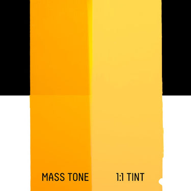 PETIT Échantillon de Acrylique Liquitex Heavy Body, Jaune Orange Azomontrant la teinte pure (mass tone) de le couleuer et mélangé à parts égales avec du blanc (1:1 tint)