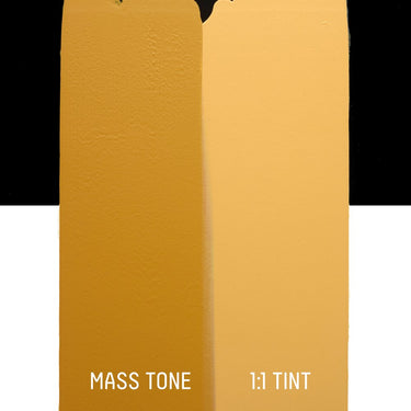 PETIT Échantillon de Acrylique Liquitex Heavy Body, Jaune Oxydemontrant la teinte pure (mass tone) de le couleuer et mélangé à parts égales avec du blanc (1:1 tint)