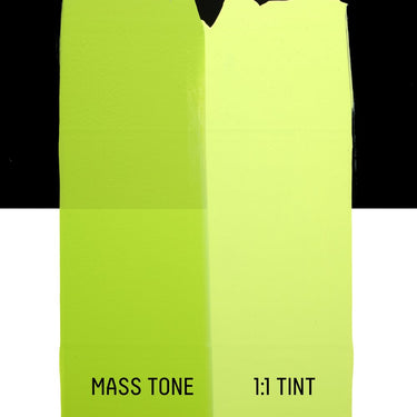 PETIT Échantillon de Acrylique Liquitex Heavy Body, Vert Jaune Éclatantmontrant la teinte pure (mass tone) de le couleuer et mélangé à parts égales avec du blanc (1:1 tint)