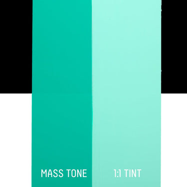 PETIT Échantillon de Acrylique Liquitex Heavy Body, Vert d'Eau Éclatantmontrant la teinte pure (mass tone) de le couleuer et mélangé à parts égales avec du blanc (1:1 tint)