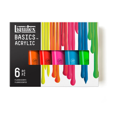 Gros plan du coffret Liquitex Acrylique Basics 6x118ml Fluorescentes sur fond blanc
