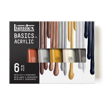 Gros plan du coffret Liquitex Acrylique Basics - 6x118ml - Métalliques & Iridescents sur fond blanc