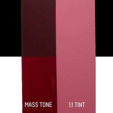 PETIT Échantillon de Acrylique Liquitex Bio-based Heavy, Alizarine Cramoisie Permanent Imitationmontrant la teinte pure (mass tone) de le couleuer et mélangé à parts égales avec du blanc (1:1 tint)