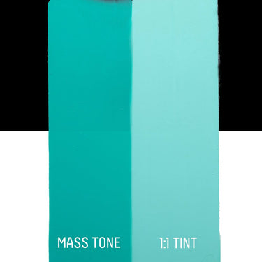 PETIT Échantillon de Acrylique Liquitex Bio-based Heavy, Vert d'Eau Éclatantmontrant la teinte pure (mass tone) de le couleuer et mélangé à parts égales avec du blanc (1:1 tint)