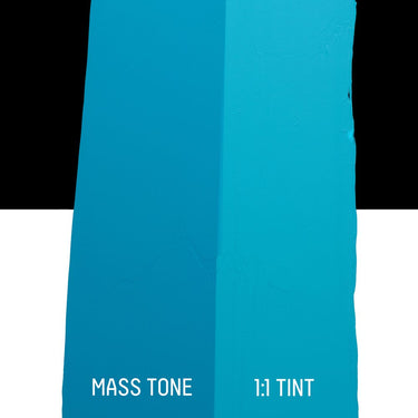 PETIT Échantillon de Acrylique Liquitex Bio-based Heavy, Bleu Éclatantmontrant la teinte pure (mass tone) de le couleuer et mélangé à parts égales avec du blanc (1:1 tint)