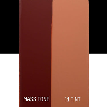 PETIT Échantillon de Acrylique Liquitex Bio-based Heavy, Terre de Sienne Brûléemontrant la teinte pure (mass tone) de le couleuer et mélangé à parts égales avec du blanc (1:1 tint)