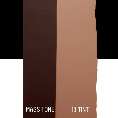 PETIT Échantillon de Acrylique Liquitex Bio-based Heavy, Terre d'Ombre Brûléemontrant la teinte pure (mass tone) de le couleuer et mélangé à parts égales avec du blanc (1:1 tint)
