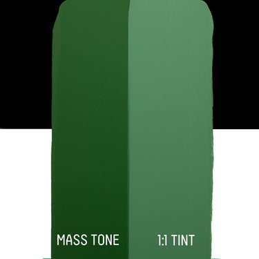 PETIT Échantillon de Acrylique Liquitex Bio-based Heavy, Vert Oxyde de Chromemontrant la teinte pure (mass tone) de le couleuer et mélangé à parts égales avec du blanc (1:1 tint)