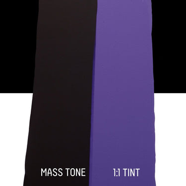 PETIT Échantillon de Acrylique Liquitex Bio-based Heavy, Violet Dioxazinemontrant la teinte pure (mass tone) de le couleuer et mélangé à parts égales avec du blanc (1:1 tint)