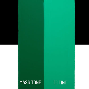 PETIT Échantillon de Acrylique Liquitex Bio-based Heavy, Vert Émeraudemontrant la teinte pure (mass tone) de le couleuer et mélangé à parts égales avec du blanc (1:1 tint)