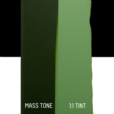 PETIT Échantillon de Acrylique Liquitex Bio-based Heavy, Vert de Hooker Permanent Imitationmontrant la teinte pure (mass tone) de le couleuer et mélangé à parts égales avec du blanc (1:1 tint)