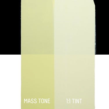 PETIT Échantillon de Acrylique Liquitex Bio-based Heavy, Jaune de Bismuth Clairmontrant la teinte pure (mass tone) de le couleuer et mélangé à parts égales avec du blanc (1:1 tint)