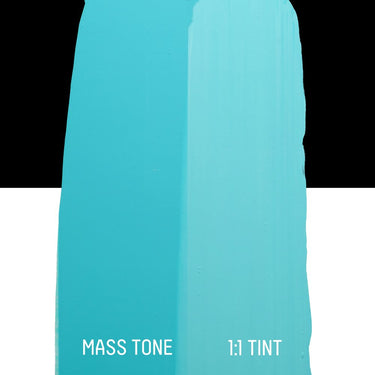 PETIT Échantillon de Acrylique Liquitex Bio-based Heavy, Bleu Clair Permanentmontrant la teinte pure (mass tone) de le couleuer et mélangé à parts égales avec du blanc (1:1 tint)