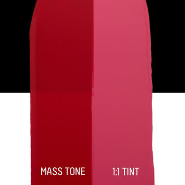 PETIT Échantillon de Acrylique Liquitex Bio-based Heavy, Naphtol Carminmontrant la teinte pure (mass tone) de le couleuer et mélangé à parts égales avec du blanc (1:1 tint)
