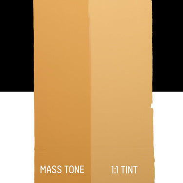 PETIT Échantillon de Acrylique Liquitex Bio-based Heavy, Jaune de Naples Imitationmontrant la teinte pure (mass tone) de le couleuer et mélangé à parts égales avec du blanc (1:1 tint)