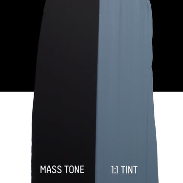 PETIT Échantillon de Acrylique Liquitex Bio-based Heavy, Gris de Paynemontrant la teinte pure (mass tone) de le couleuer et mélangé à parts égales avec du blanc (1:1 tint)