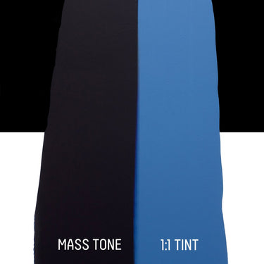 PETIT Échantillon de Acrylique Liquitex Bio-based Heavy, Bleu de Prusse Imitationmontrant la teinte pure (mass tone) de le couleuer et mélangé à parts égales avec du blanc (1:1 tint)