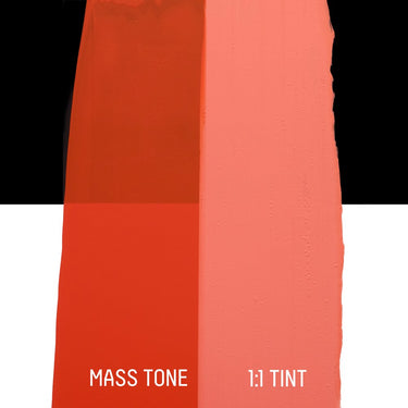 PETIT Échantillon de Acrylique Liquitex Bio-based Heavy, Orange Pyrrolemontrant la teinte pure (mass tone) de le couleuer et mélangé à parts égales avec du blanc (1:1 tint)