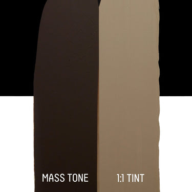 PETIT Échantillon de Acrylique Liquitex Bio-based Heavy, Terre d'Ombre Naturellemontrant la teinte pure (mass tone) de le couleuer et mélangé à parts égales avec du blanc (1:1 tint)