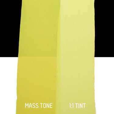 PETIT Échantillon de Acrylique Liquitex Bio-based Heavy, Jaune Hansa Clairmontrant la teinte pure (mass tone) de le couleuer et mélangé à parts égales avec du blanc (1:1 tint)
