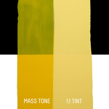 PETIT Échantillon de Acrylique Liquitex Bio-based Heavy, Jaune Azo Moyenmontrant la teinte pure (mass tone) de le couleuer et mélangé à parts égales avec du blanc (1:1 tint)